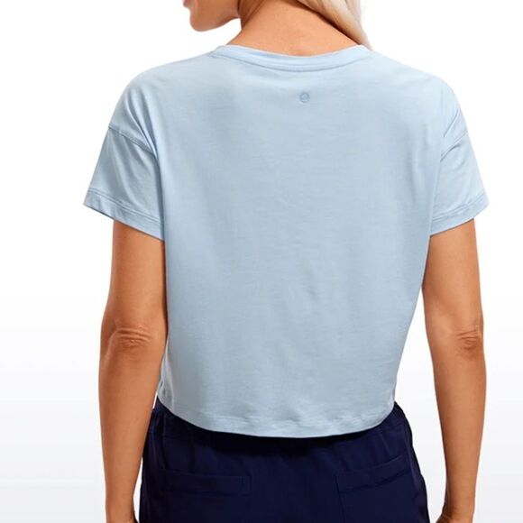 CRZ YOGA Pima Cotton Short Sleeves Cropped Crew Neck, Blue Linen, XS - Picture 2 of 6